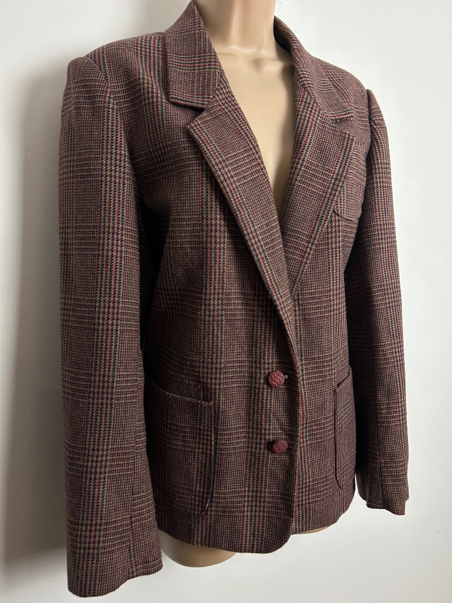 Vintage 1990s Size 14 Brown Tweed Check Wool Blend Blazer