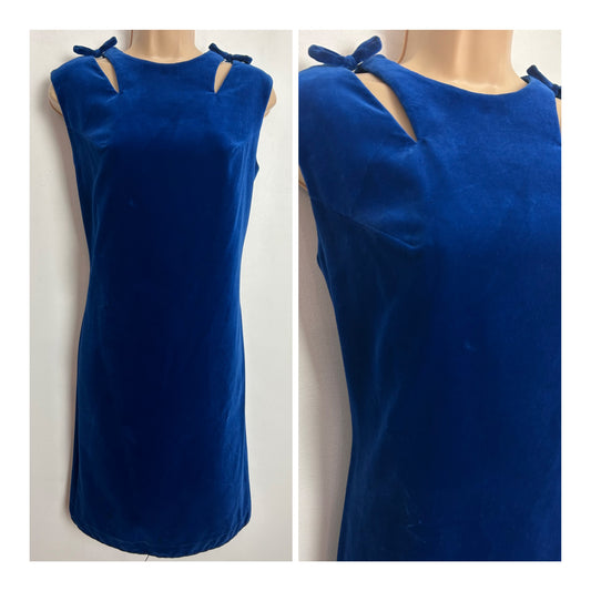 Vintage 1960s UK Size 8-10 Blue Velvet Sleeveless Cut Out Shoulder & Bow Detail Shift Mod Dress