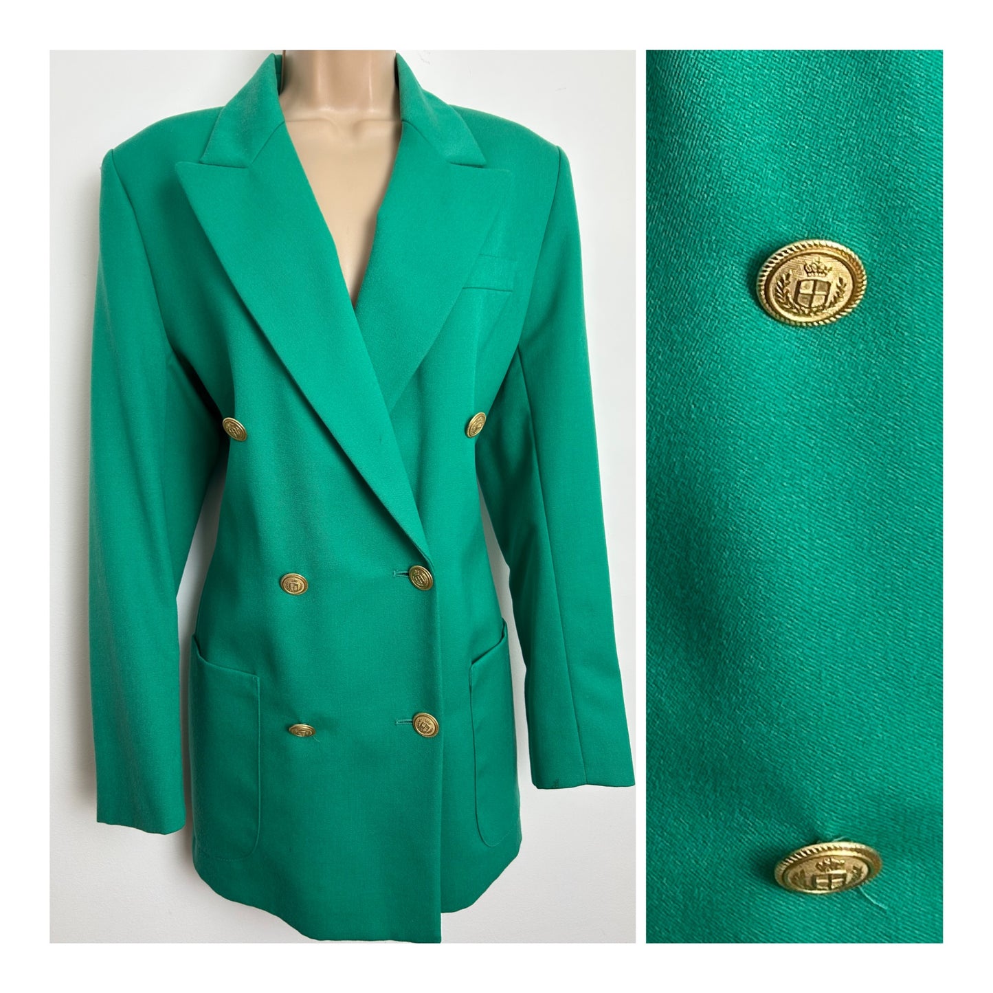 Vintage 1990s ST MICHAEL MARKS & SPENCER Size 12-14 Green Pure Wool Military Style Double Breasted Blazer