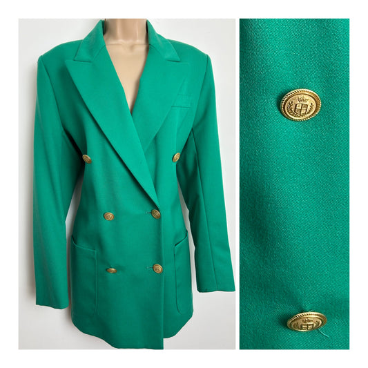 Vintage 1990s ST MICHAEL MARKS & SPENCER Size 12-14 Green Pure Wool Military Style Double Breasted Blazer