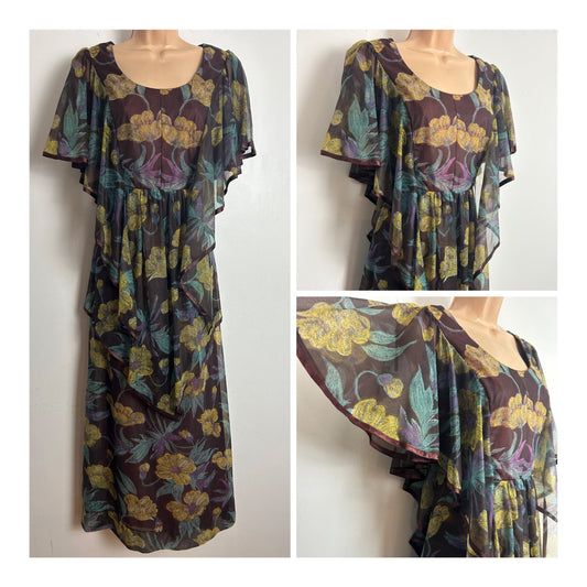 Vintage 1970s Size 10-12 Brown Mustard & Blue Floral Print Layered Floaty Sleeve Boho Maxi Dress