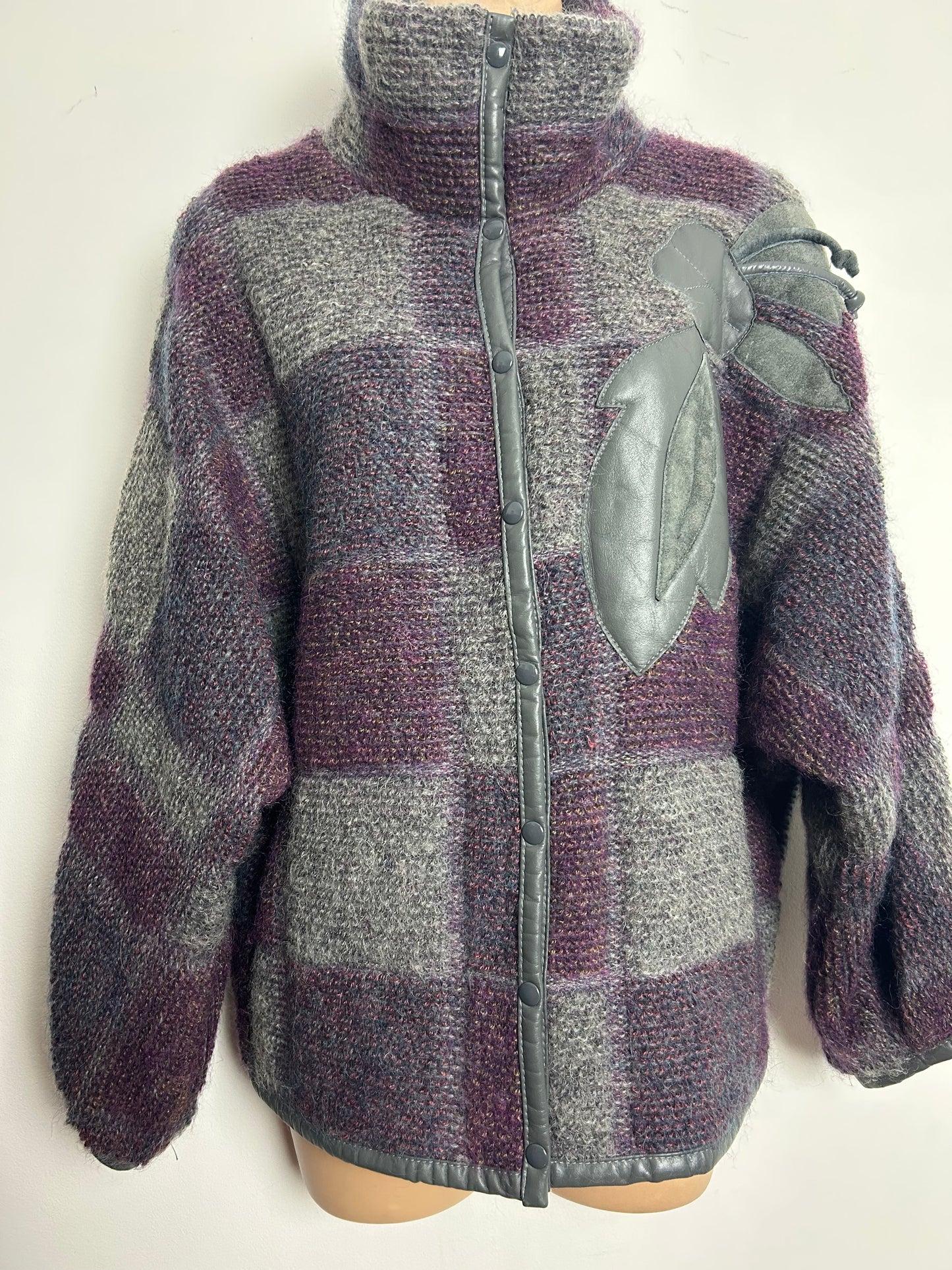 Vintage Late 1980s DINO VALIANO Size 12-14 Grey & Purple Check Kid Mohair Wool & Leather Applique Detail Coatigan