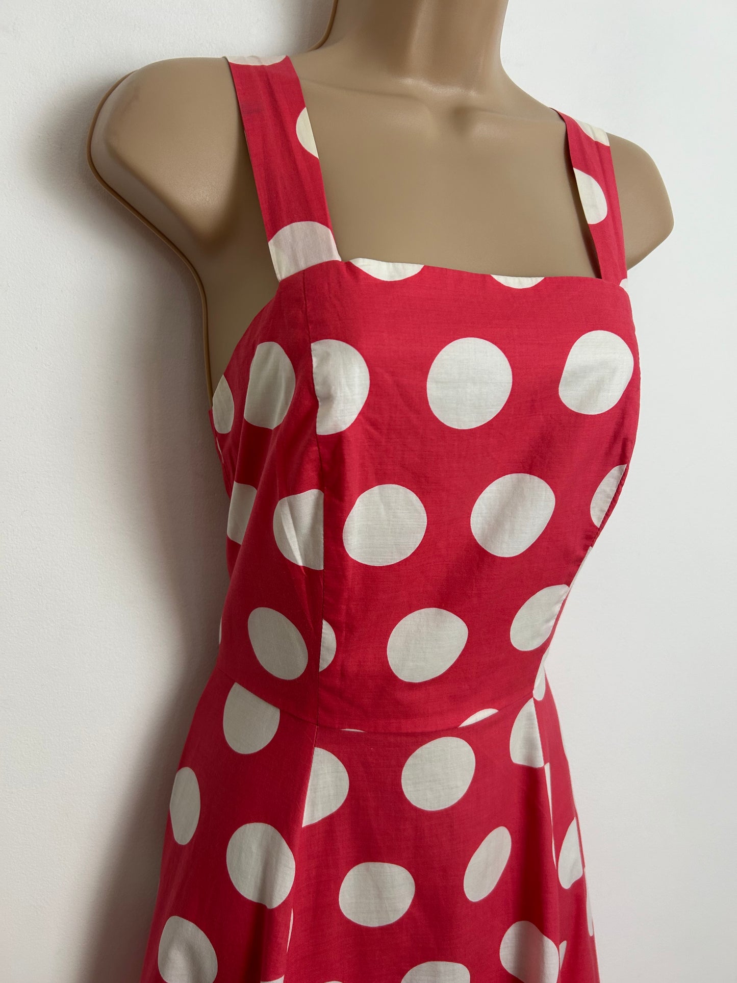 Vintage 1980s LAURA ASHLEY UK Size 10 (Size 14 On Label) Pinky Red & White Spot Polka Dot Print Summer Dress