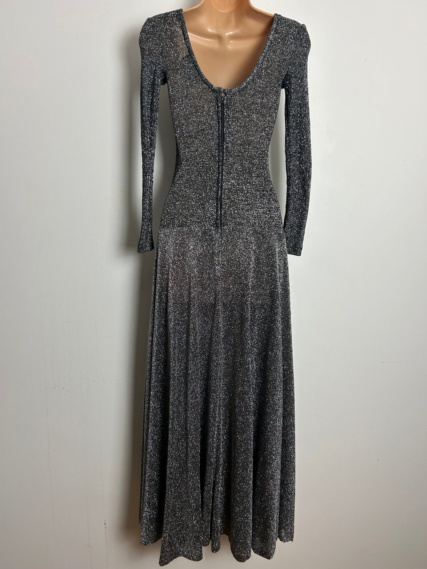 Vintage 1970s JOHN MARKS Up To Size 10 Black Silver Lurex Long Sleeve Evening Maxi Dress