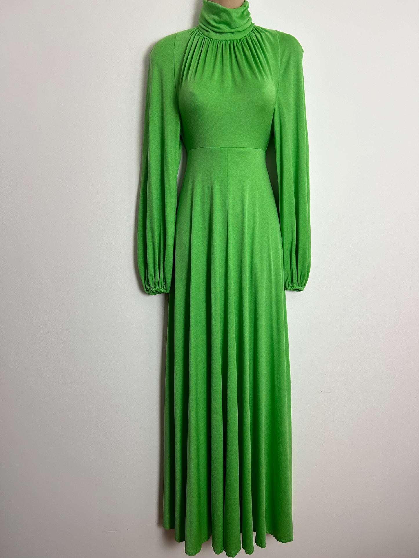 Vintage 1970s UK Size 6 Lime Green High Neck Long Balloon Sleeve Boho Maxi Dress