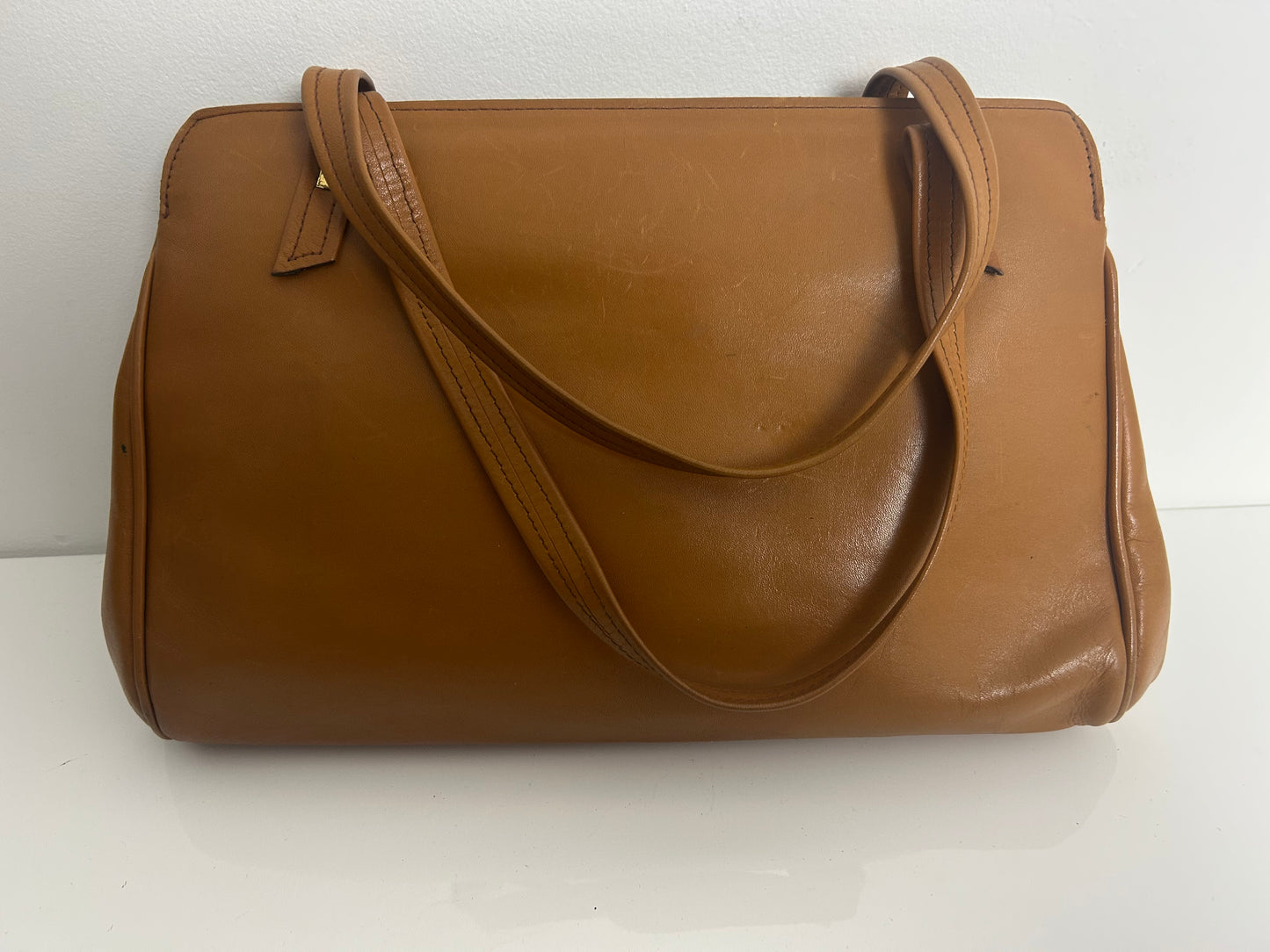 Vintage Late 1960s Tan Brown Top Handles Leather Handbag With Small Matching Coin Purse