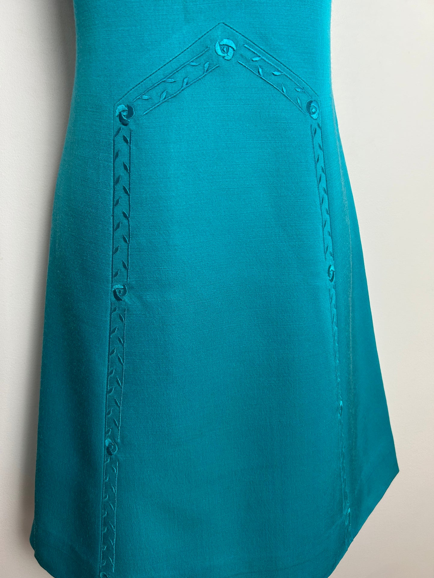 Vintage 1960s PEGGY FRENCH COUTURE Size 8 Dark Turquoise Embroidered Stitch Detail Mod Shift Dress