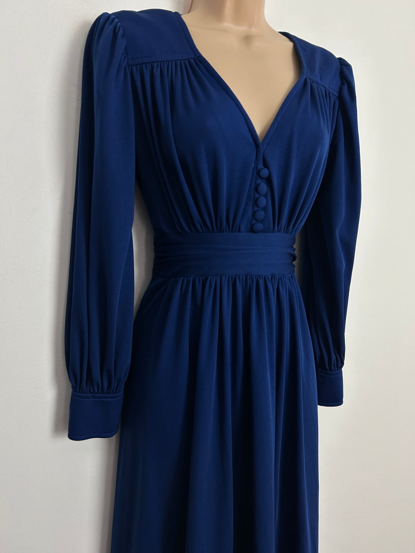 Vintage 1970s CREATION MADEMOISELLE UK Size 6-8 Royal Blue Long Sleeve Gather Pleated Maxi Dress