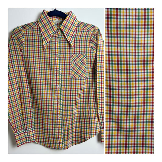 Vintage 1970s Size 10 Yellow Green Red & Blue Check Print Dagger Collar Cotton Mix Shirt