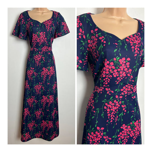 Vintage 1970s C&A Size 10 Navy Blue & Pink Floral Print Short Sleeve Tie Back Maxi Dress