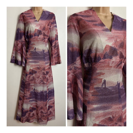 Vintage 1970s RIDDELLA UK Size 14-16 Pink Purple & White Abstract Mountain Print Lightweight Lurex Maxi Dress