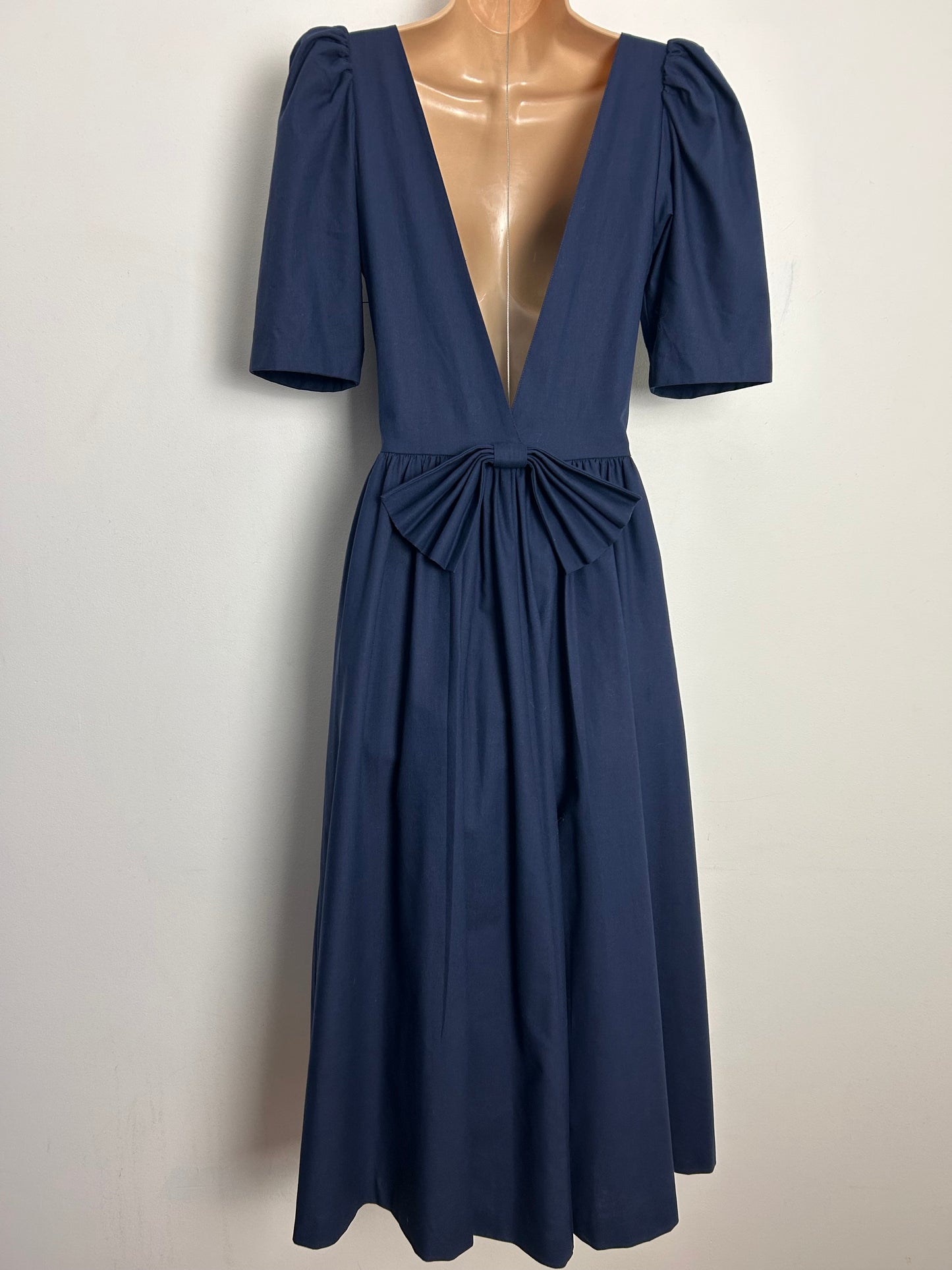 Vintage 1980s LAURA ASHLEY UK Size 8 (UK Size 14 On Label) Navy Blue Cross Over Open Back Bow Detail Midi Length Gown