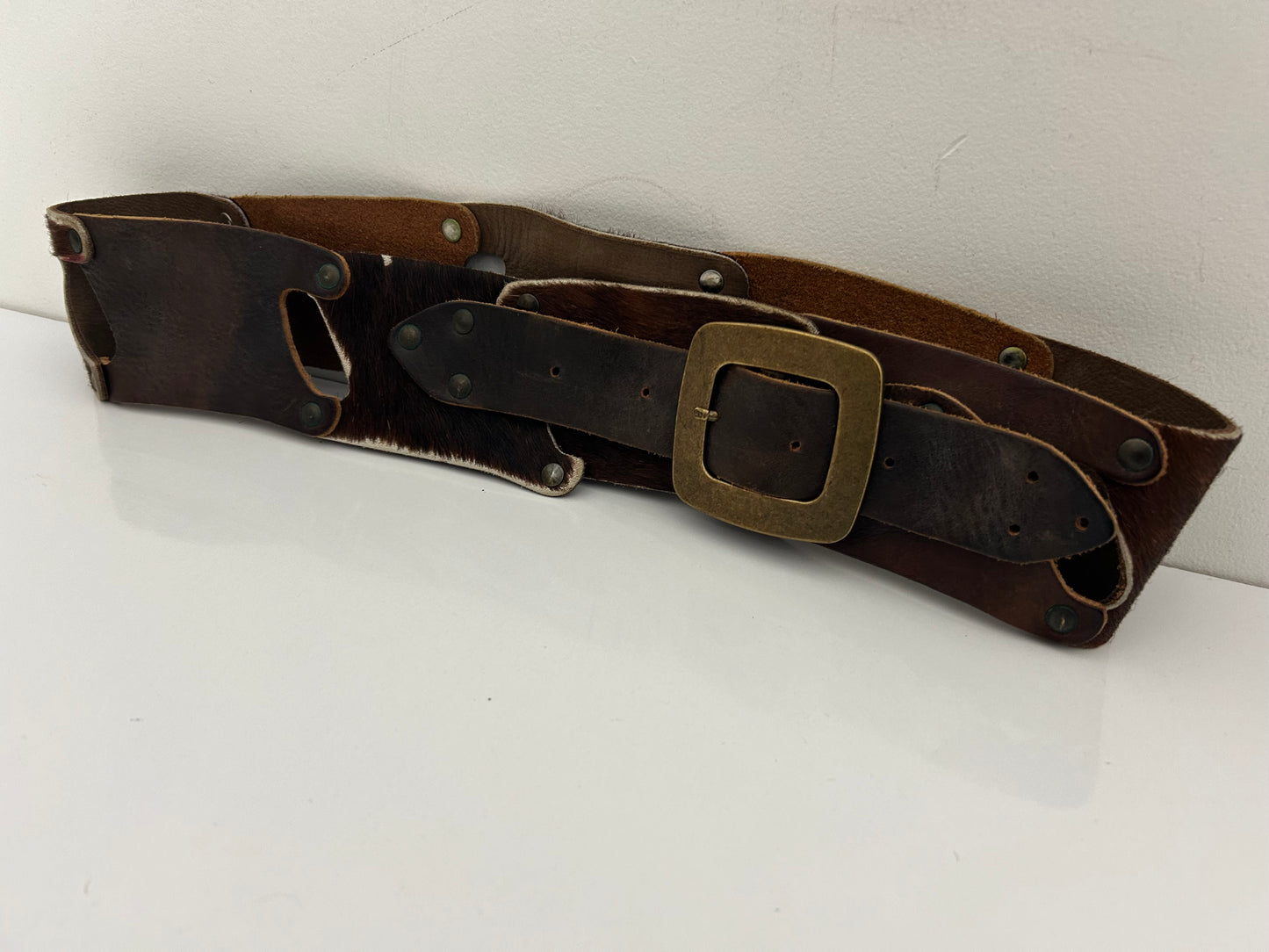 Vintage 1970s Real Leather & Hair On Hide Panels Western Cowgirl Wide Belt 32" Waist