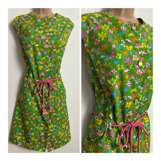 Vintage 1960s VILONA Cute Size 14 Green Pink Yellow Orange & Blue Floral Print Cotton Tie Waist Dress