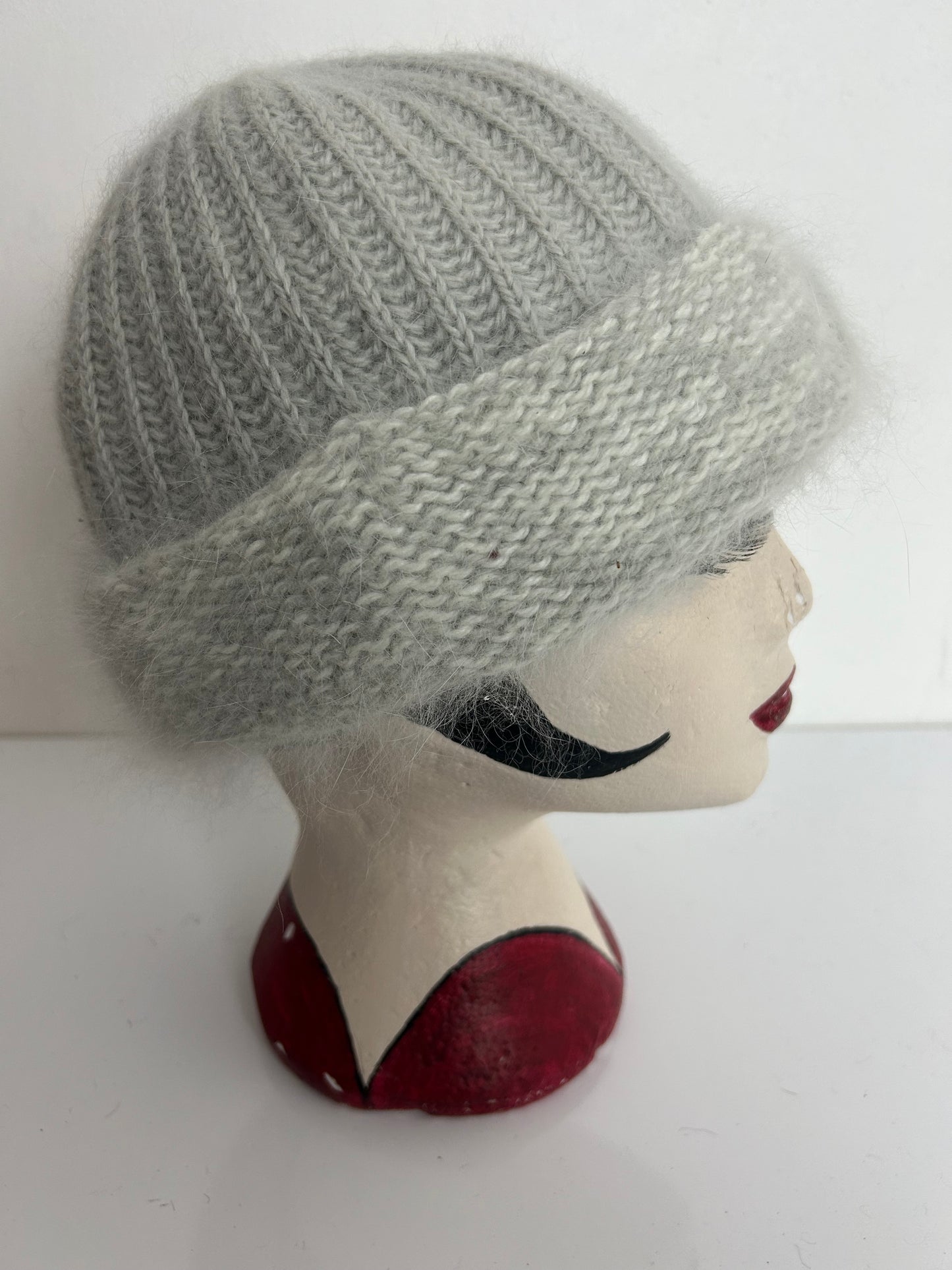 Vintage Pale Grey Wool & Angora Mix Turn Up Detail Beanie Winter Hat