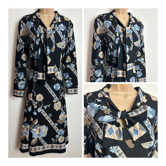 Vintage 1970s C&A Size 14-16 Black Blue & Beige Floral & Abstract Stripe Scarf Neck Long Sleeve Day Dress
