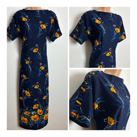 Vintage 1970s Size 10 Navy Blue & Orange Floral Print Short Lattice Detail Kaftan Style Maxi Dress