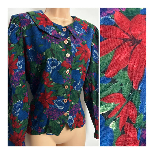 Vintage 1980s Size 12 Dark Green Blue & Red Floral Print Long Sleeve Top
