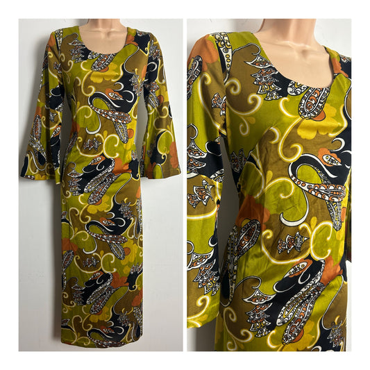 Vintage 1970s Size 10 Olive Green Brown & Orange Psychedelic Floral Print Flared Cuff Midaxi Dress