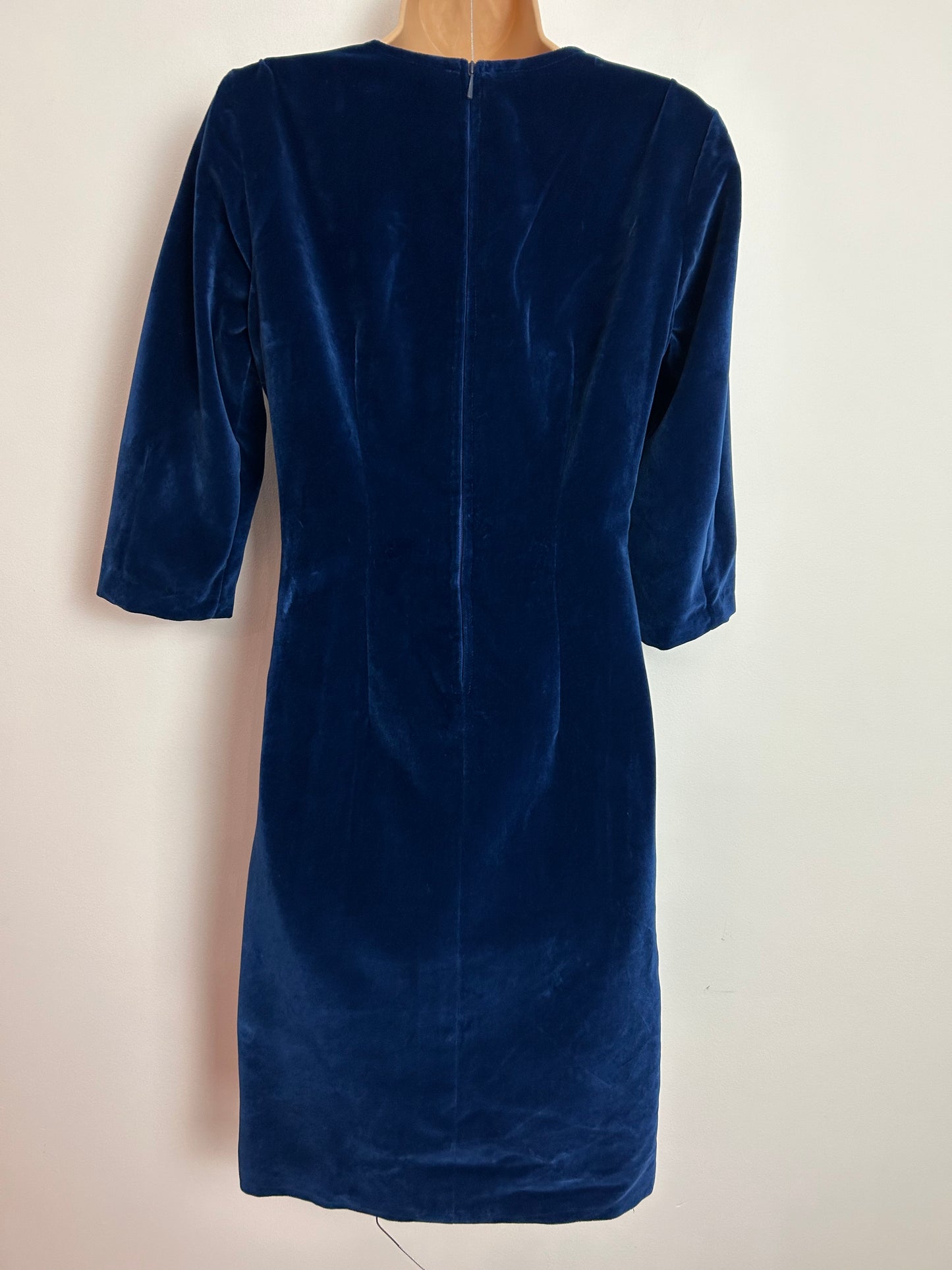 Vintage 1960s UK Size 8 Midnight Blue Velvet 3/4 Sleeve Christmas Party Occasion Dress