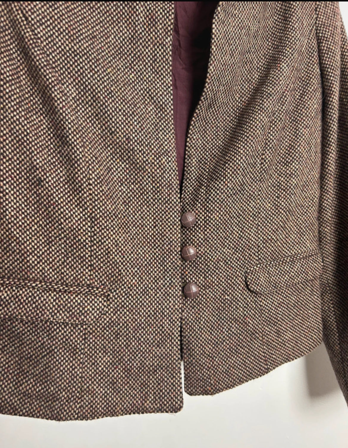 Vintage 1980s PLUM TREE CANADA Size 10 Brown Tweed Wool Mix Collarless Blazer