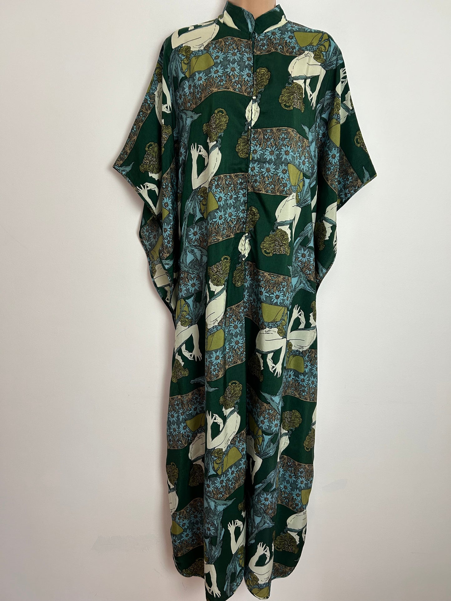 Vintage 1970s DEBENHAMS AMAZING One Size Up to 14 Dark Green Art Nouveau Lady Novelty Print Zip Fronted Kaftan