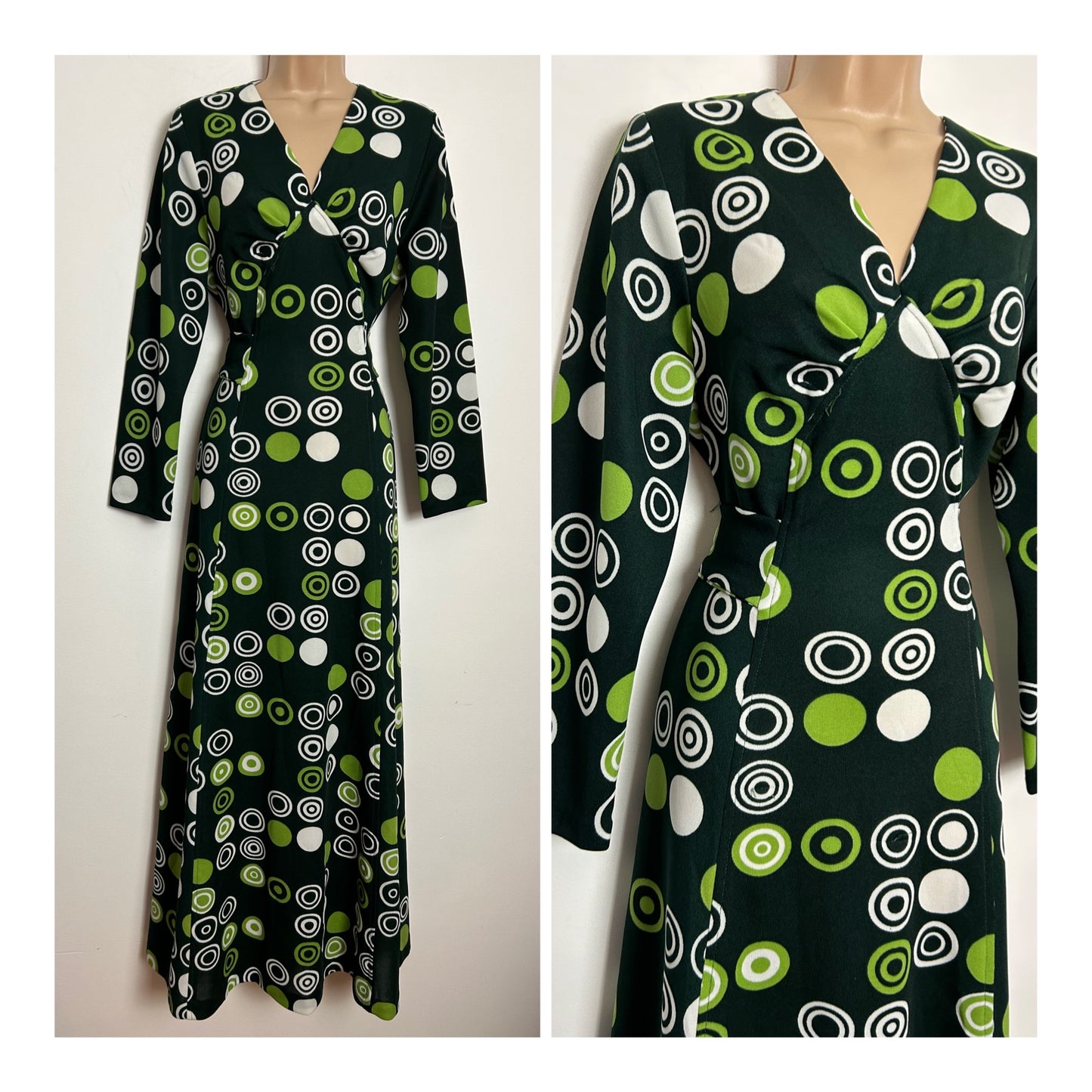 Vintage 1970s UK Size 14 Green & White Circle Print Long Sleeve Tie Back Boho Maxi Dress