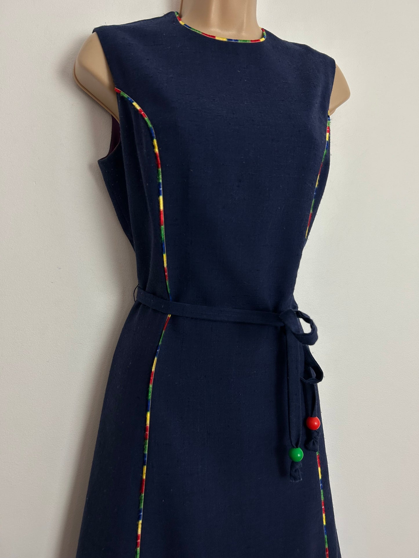 Vintage 1970s MARISA By KITTY COPELAND UK Size 10 Navy Blue Rainbow Thread Braid Trim Belted Sleeveless Dress