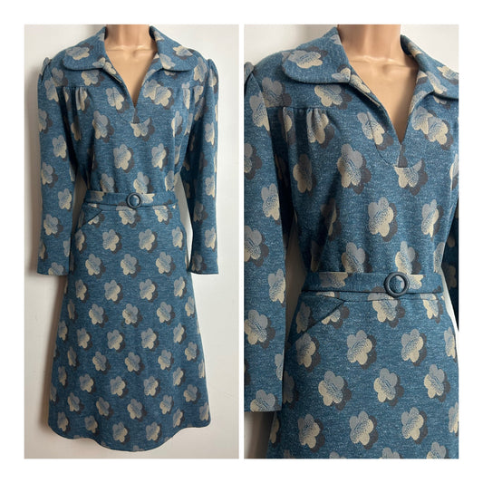 Vintage 1970s Size 16 Blue Brown & Beige Floral Print Belted Jersey Day Dress