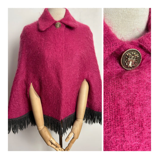 Vintage 1960s ANDREW STEWART UK Size 8-10 Pink Wool & Mohair Mix Fringed Cape/Poncho