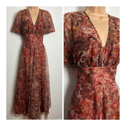 Vintage 1970s CREATION MONIQUE Size 12 Brown Tones Floral Print Cape Sleeve Boho Maxi Dress