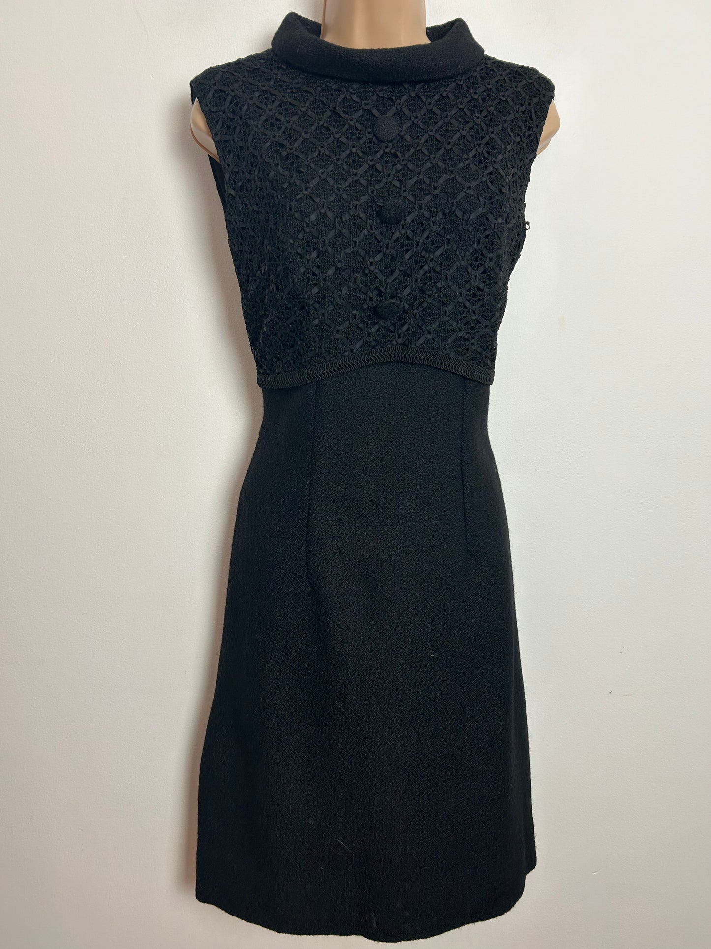 Vintage 1960s UK Size 8 Black Pure New Wool Ribbon Trim Crochet Lace Little Black Dress