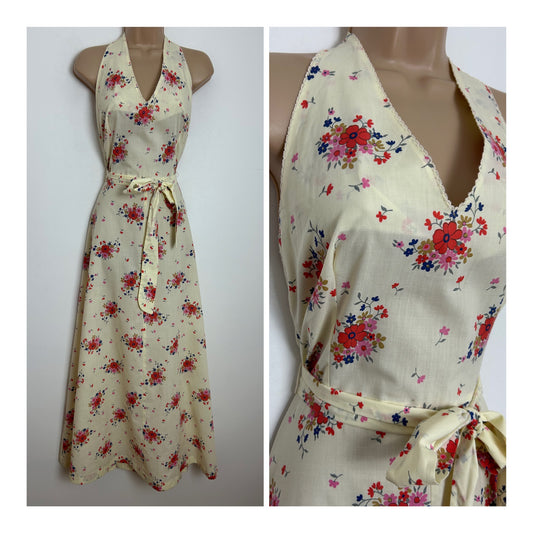 Vintage 1970s ST MICHAEL Size 10 Cream Red & Pink Floral Print Cotton Mix Halter Neck Summer Belted Maxi Dress
