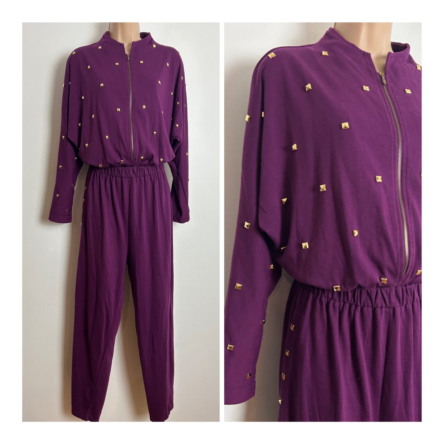 Vintage 1980s STYLES TO GO Size 10-12 Purple Jersey Stud Detail Zip Fronted Casual Jumpsuit
