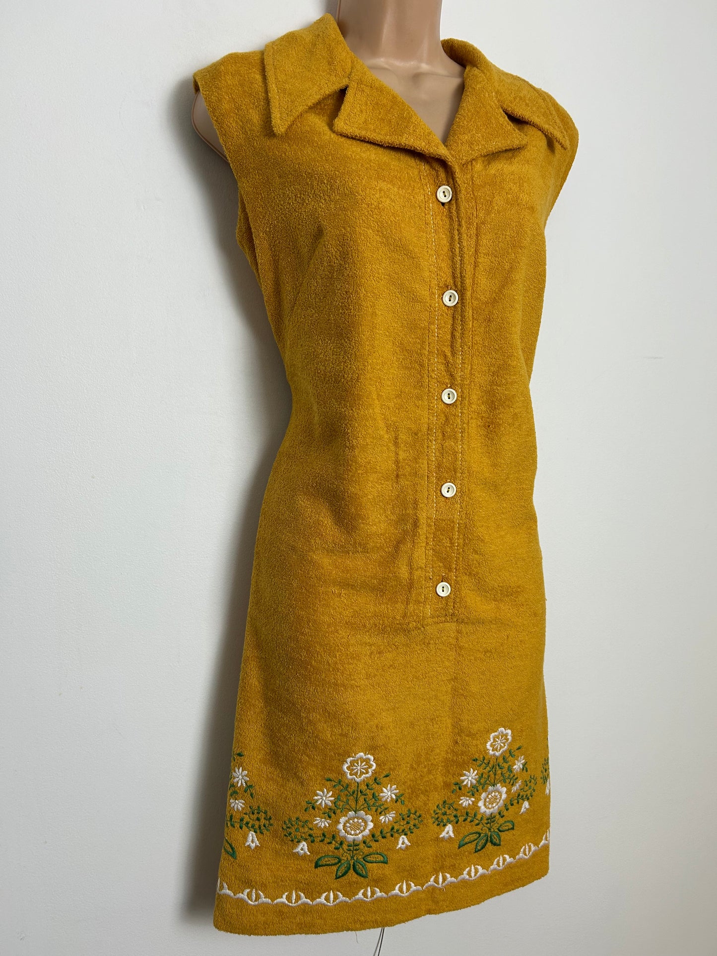 Vintage 1970s FRANKENWALDER Size 14 Mustard Yellow Embroidered Detail Towelling Shift Dress