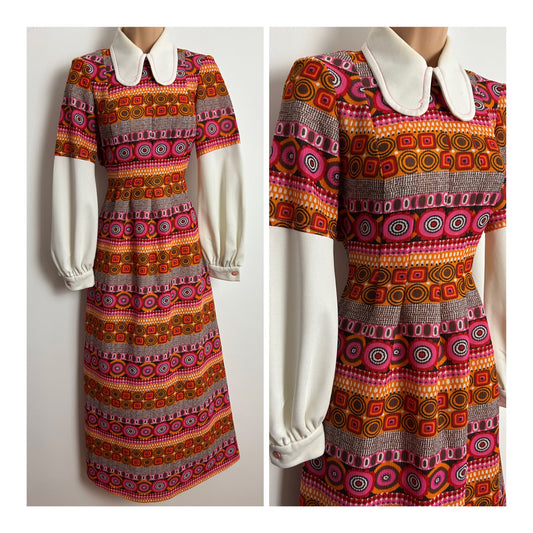 Vintage 1970s Size 10 Orange Pink & Brown Square & Circle Pattern Beagle Collar Long Sleeve Maxi Dress