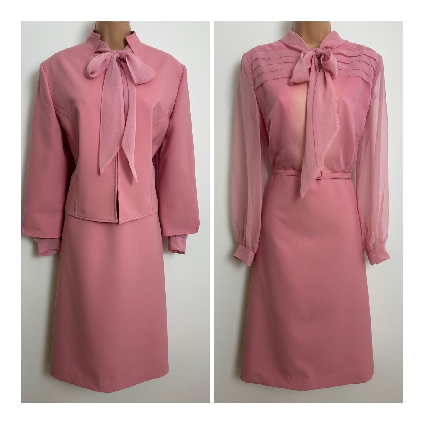 Vintage 1960s PEGGY FRENCH COUTURE Size 12 Pale Pink Pussy Bow Tie Mod Dress & Matching Jacket