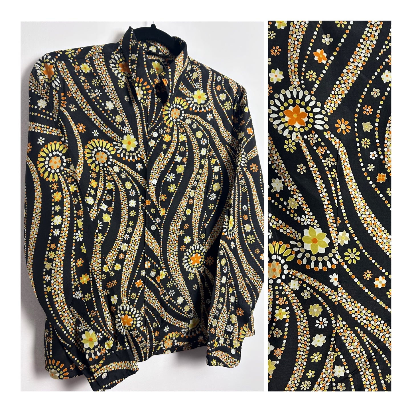 Vintage 1970s Designer FRANCK OLIVIER UK Size 10 100% SILK Black Orange Yellow & White Spot & Flower Print Long Sleeve Shirt