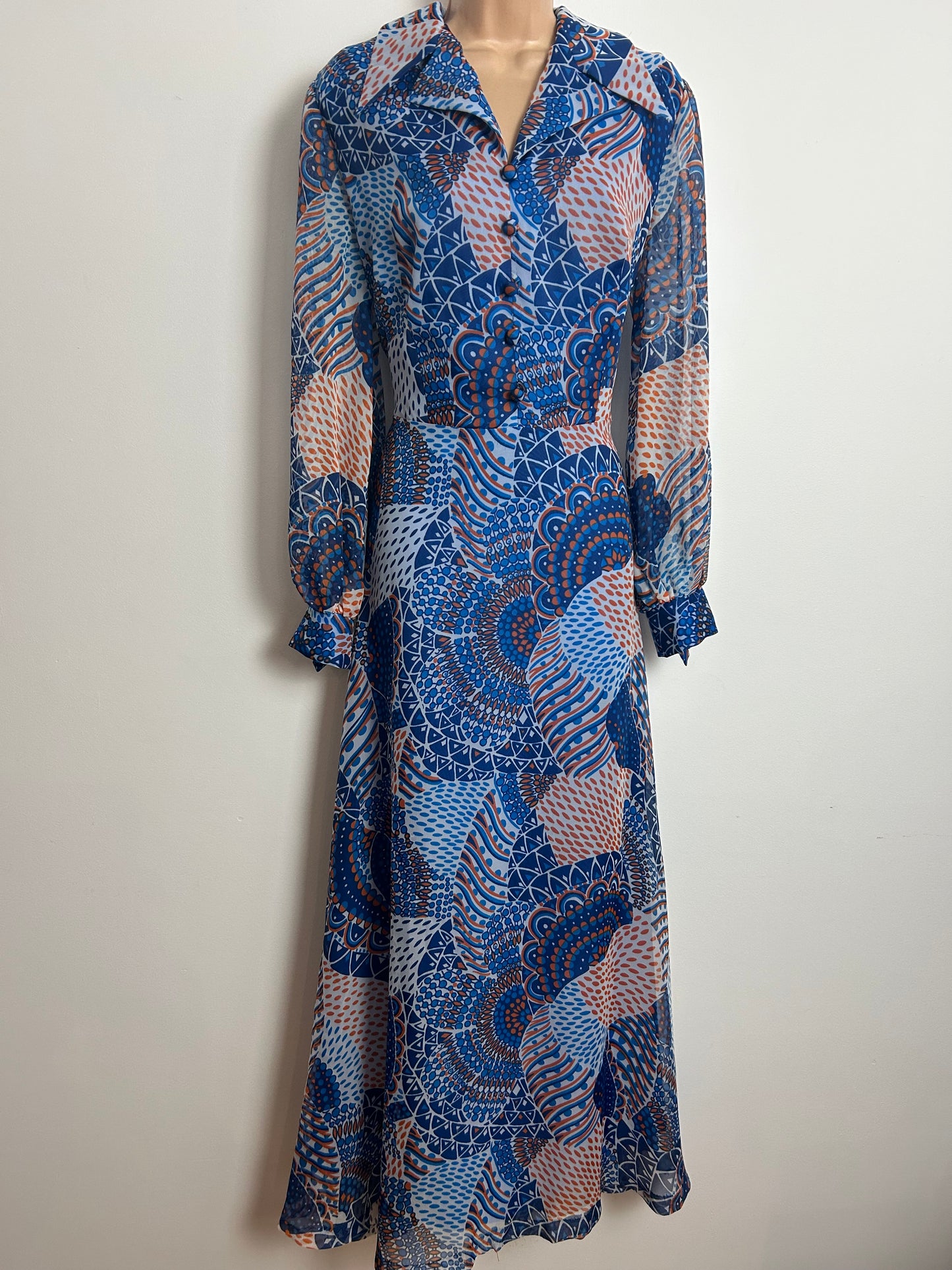 Vintage 1970s 14 Blue & Orange Abstract Print Dagger Collar Long Sleeve Chiffon Maxi Dress