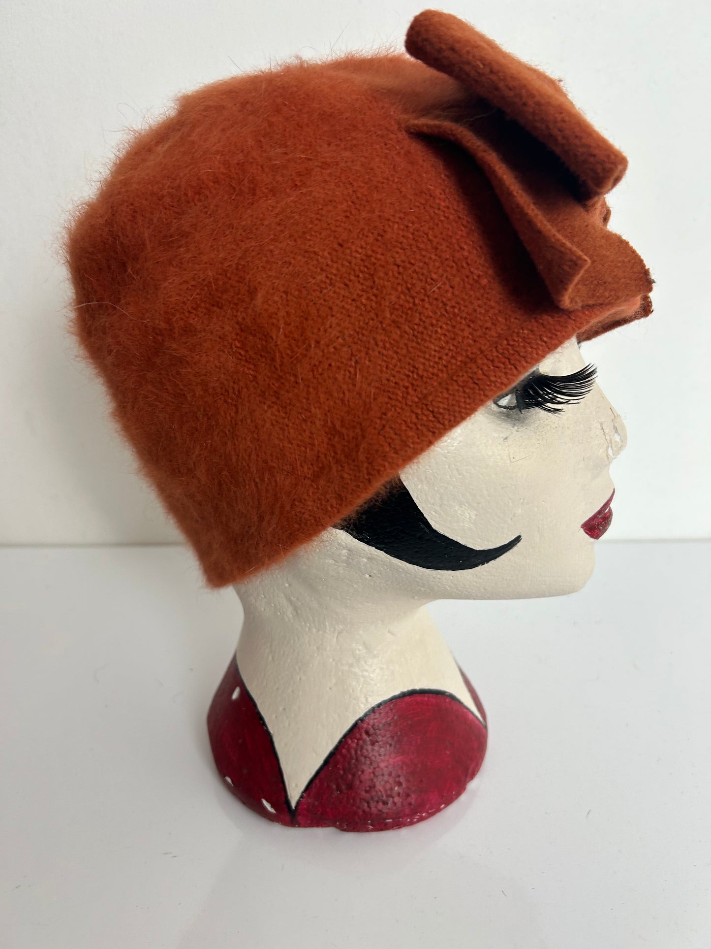 Vintage Rusty Orange Angora & Wool Mix Bow Detail Beanie Hat