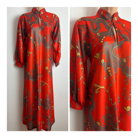 Vintage 1970s MARTIN EMPREX Size 10-12 Red & Green Dragon Print Kaftan Style Maxi Dress