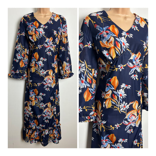 Vintage 1970s Size 12 Navy Blue & Orange Tones Floral Print Nylon Boho Maxi Dress