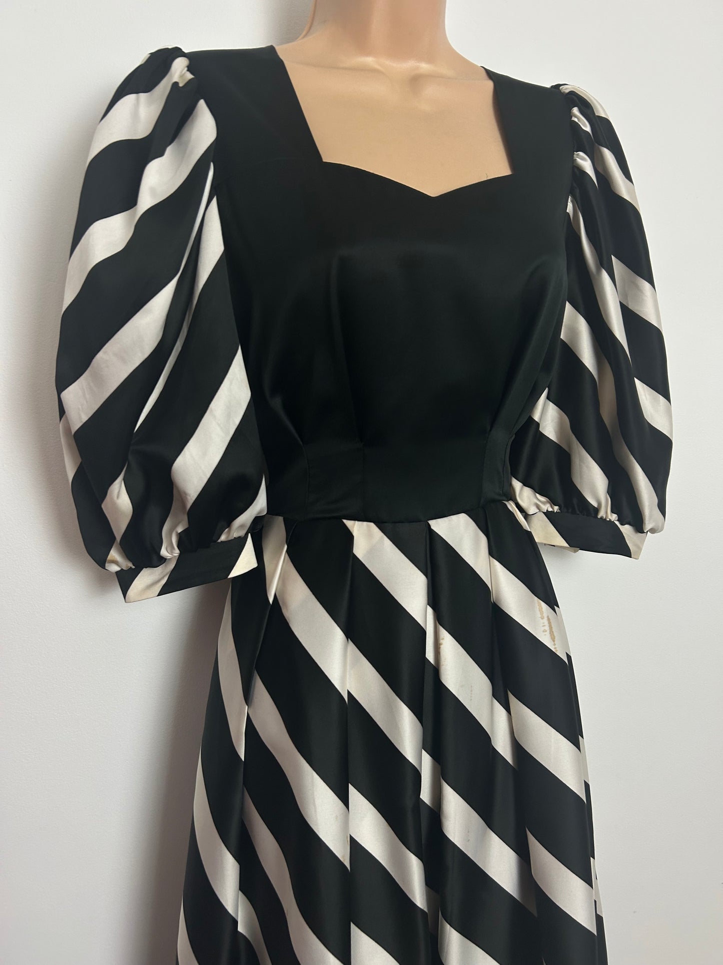 Vintage Early 1980s REBER Size 8 Black & White Stripe Mid Sleeves Occasion Maxi Dress