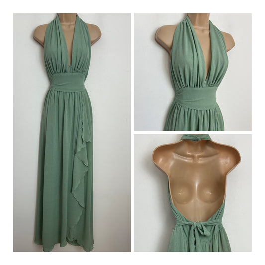 Vintage 1970s Size 10 PETER BARRON Sage Green Halterneck Wrap Skirt Maxi Dress