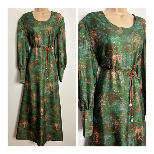 Vintage 1970s UK Size 16 Green & Coral Weeping Willow Tree Print Long Sleeve Boho Maxi Dress