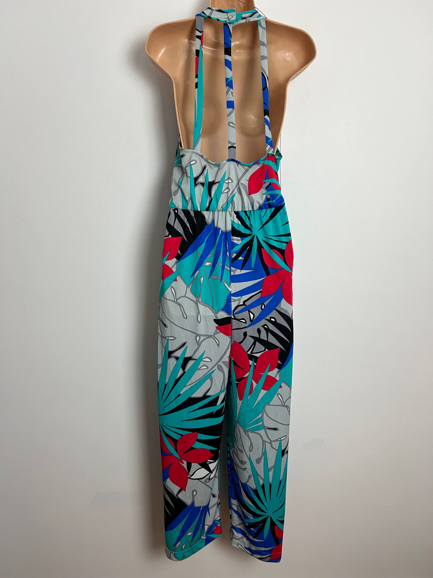 Vintage Late 1970s UK Size 10 Bleyle Grey Blue Turquoise & Red Tropical Leaf Print Cage Back Wide Leg Jumpsuit