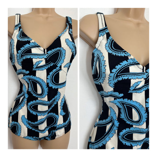 Vintage 1960s FRIOLA UK Approx Size 16 White Black & Blue Stripe & Paisley Print Swimming Costume Bathing Suit