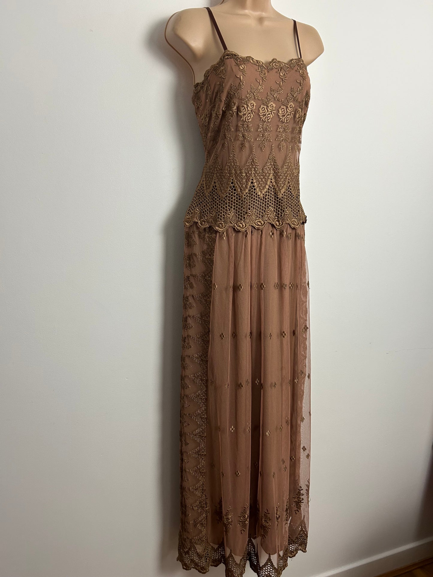 Vintage Late 1970s FRANK USHER Size 10 Beautiful Brown Lace Occasion Evening Gown