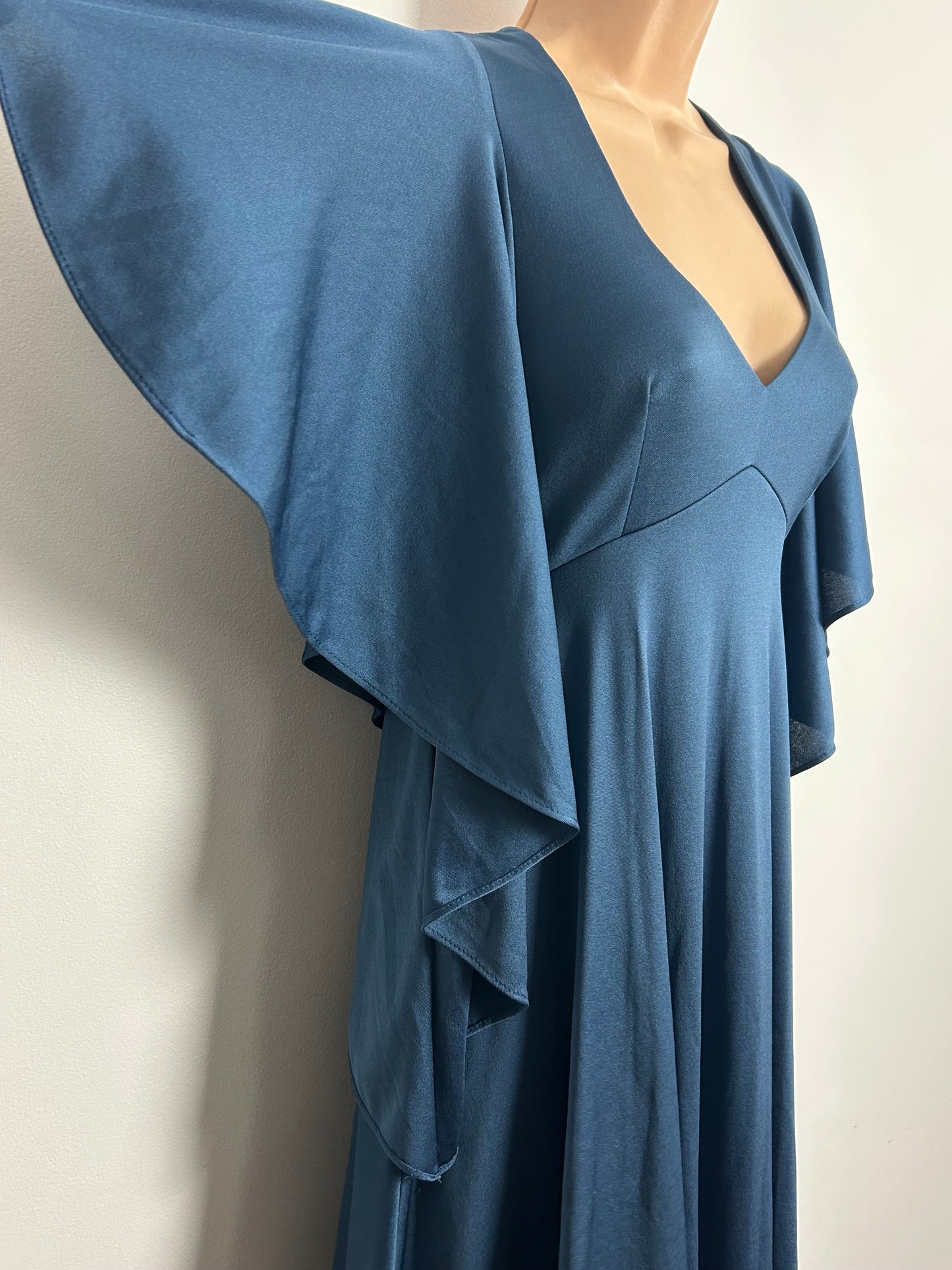 Vintage 1970s MR DARREN Size 8-10 Midnight Dusky Blue Frill Floaty Sleeve Double Layered Maxi Dress