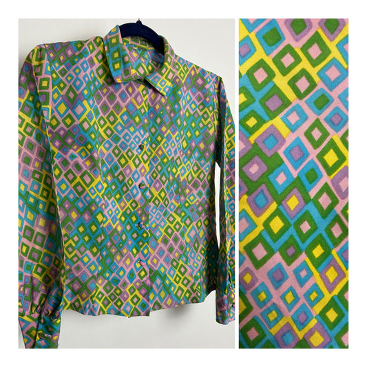 Vintage 1970s Size 8 Green Blue Yellow & Pink Diamond Print Long Sleeve Shirt